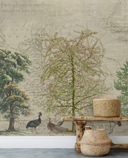 ilustração antiga de árvores e animais da floresta com papel de parede de fundo do mapa