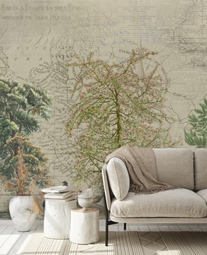 antique illustration of trees and woodland animals with map background wallpaper