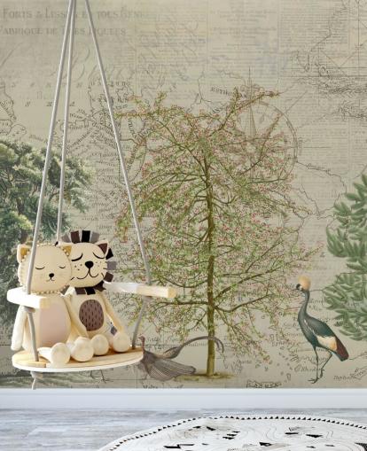 antike Abbildung von Bäumen und Waldtieren mit Kartenhintergrund-Tapete antike Abbildung von Bäumen und Waldtieren mit Kartenhintergrund-Tapete
