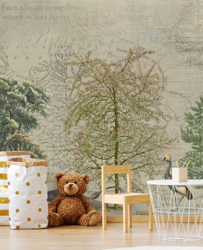 ilustración antigua de árboles y animales del bosque con papel tapiz de fondo de mapa