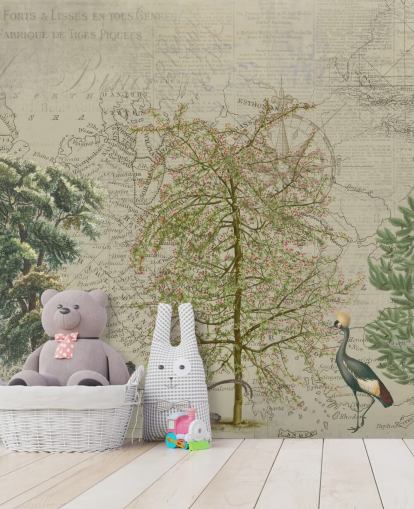 antique illustration of trees and woodland animals with map background wallpaper antique illustration of trees and woodland animals with map background wallpaper