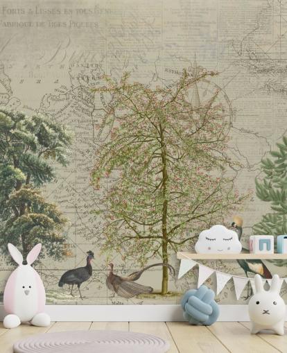 antica illustrazione di alberi e animali del bosco con carta da parati sfondo mappa