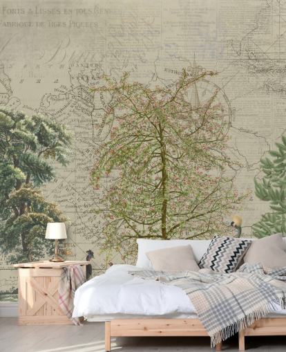 antique illustration of trees and woodland animals with map background wallpaper