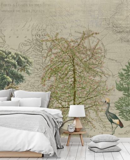 ilustración antigua de árboles y animales del bosque con papel tapiz de fondo de mapa