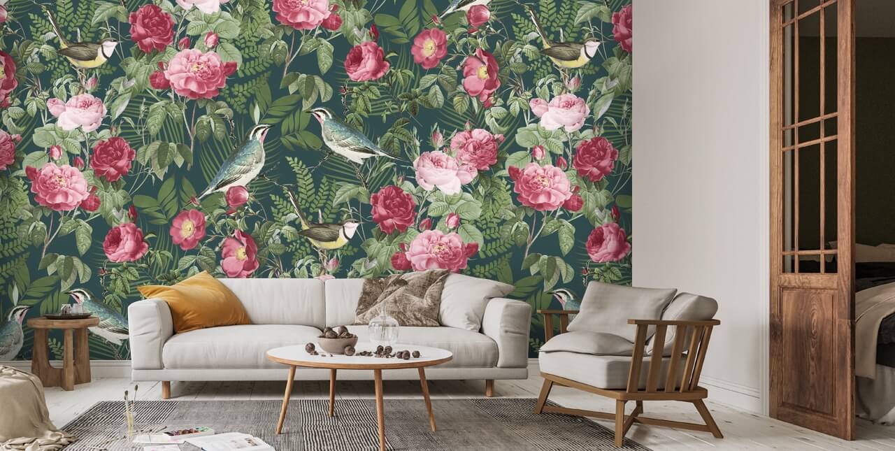 Redoute Roses and Birds Wallpaper Wallsauce AU