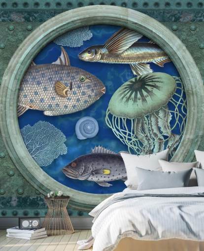 fish and jellyfish in porthole window wallpaper
