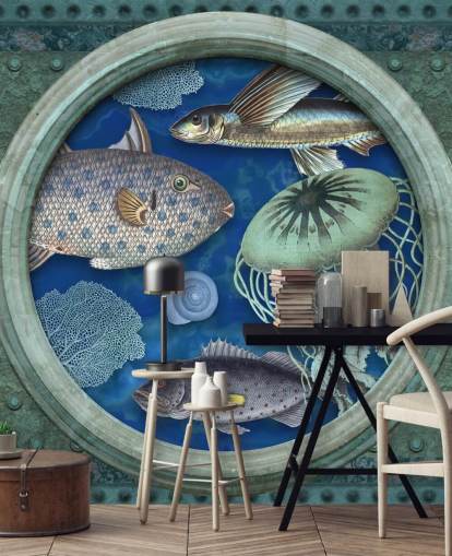 fish and jellyfish in porthole window wallpaper