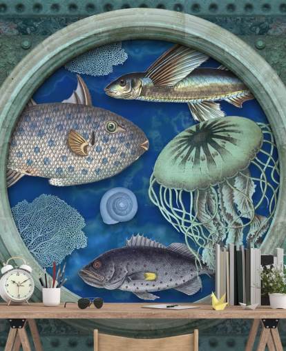 Fische und Quallen in Bullaugen-Fenstertapete