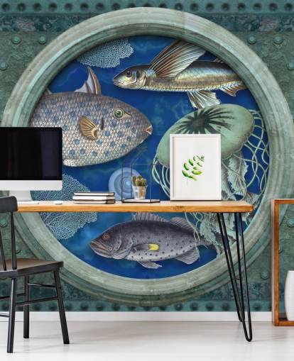 Fische und Quallen in Bullaugen-Fenstertapete