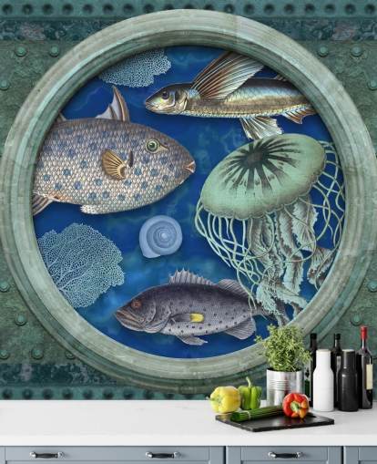 carta da parati con pesci e meduse in oblò