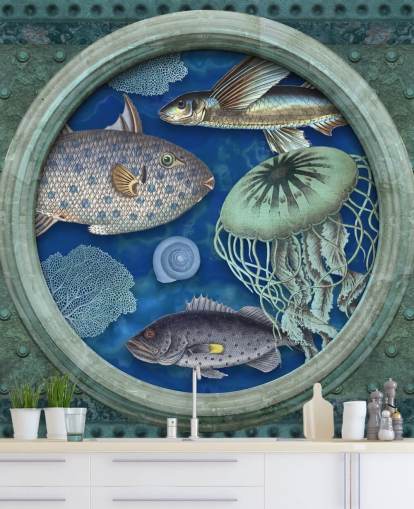 poissons et méduses dans le papier peint hublot