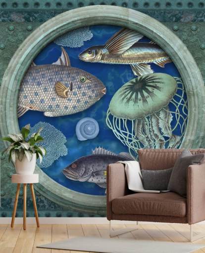 poissons et méduses dans le papier peint hublot