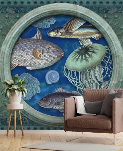 kala ja meduusat porthole ikkuna tapetti