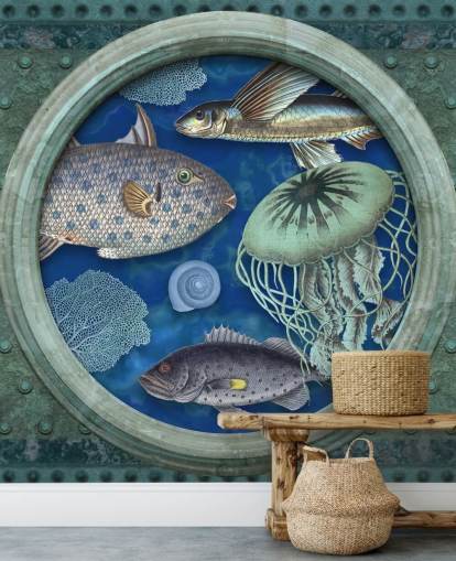 Papel pintado de peces y medusas en la ventana de ojo de buey