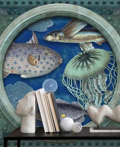 Fische und Quallen in Bullaugen-Fenstertapete Fische und Quallen in Bullaugen-Fenstertapete