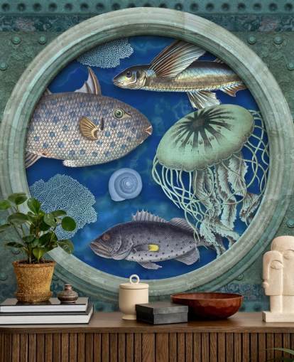 poissons et méduses dans le papier peint hublot