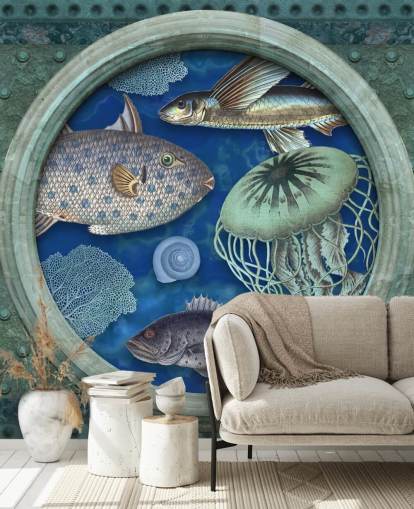fish and jellyfish in porthole window wallpaper