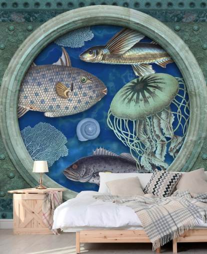 fish and jellyfish in porthole window wallpaper