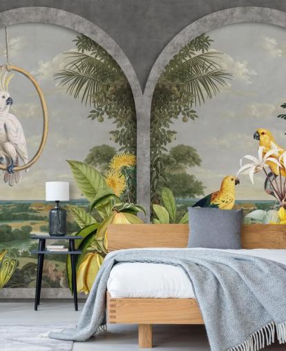 cockatoo and tropical yellow birds by window in tropical country wallpaper