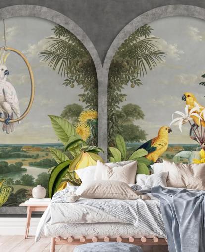 cacatoès et oiseaux jaunes tropicaux par la fenêtre dans le papier peint pays tropical cacatoès et oiseaux jaunes tropicaux par la fenêtre dans le papier peint pays tropical