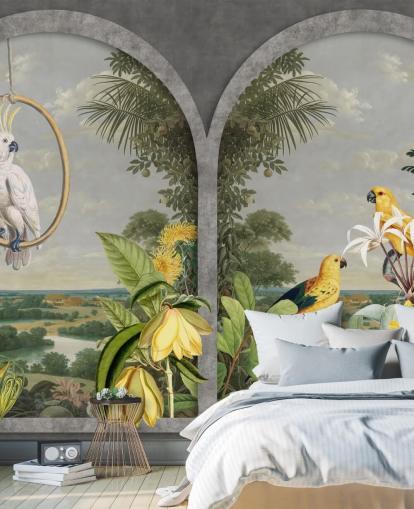 Kakadu und tropische gelbe Vögel am Fenster in tropischem Land Tapete