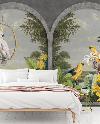 cockatoo and tropical yellow birds by window in tropical country wallpaper
