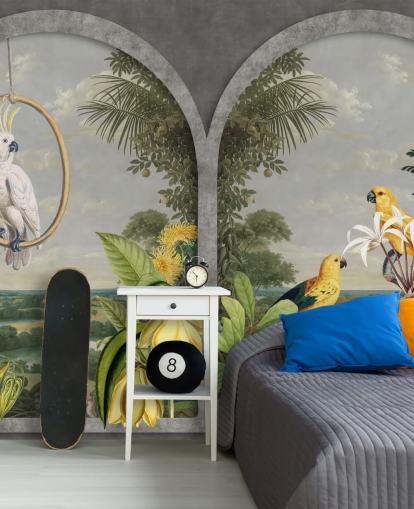 cockatoo and tropical yellow birds by window in tropical country wallpaper