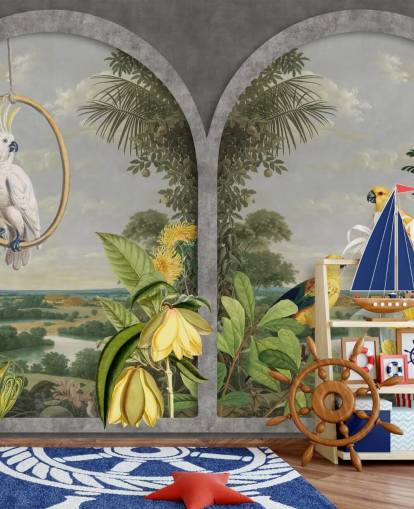 cockatoo and tropical yellow birds by window in tropical country wallpaper