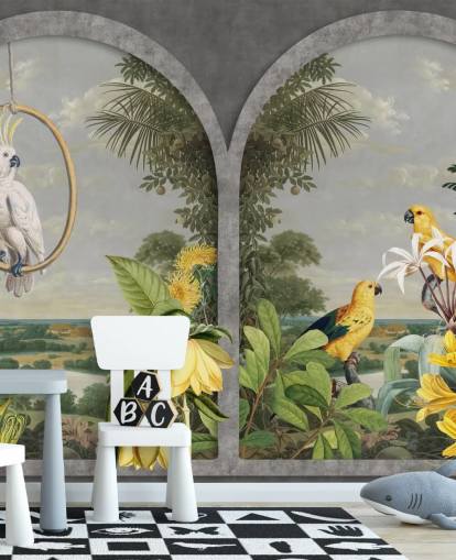 cacatúa y pájaros amarillos tropicales por ventana en papel tapiz tropical