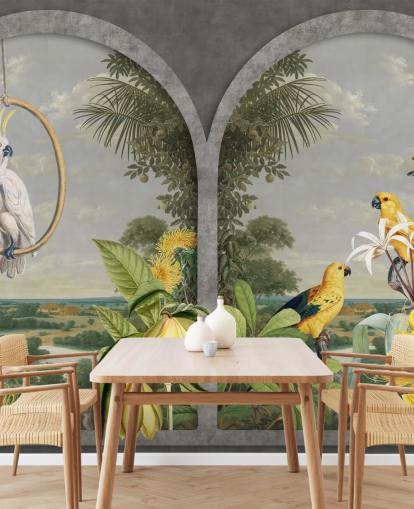 kaketoe en tropische gele vogels voor raam in tropisch landbehang