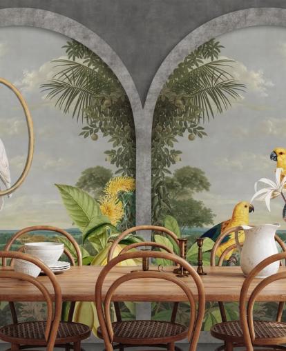 cockatoo and tropical yellow birds by window in tropical country wallpaper