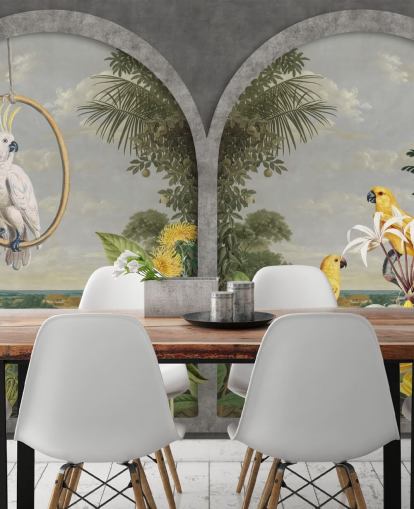 cockatoo and tropical yellow birds by window in tropical country wallpaper