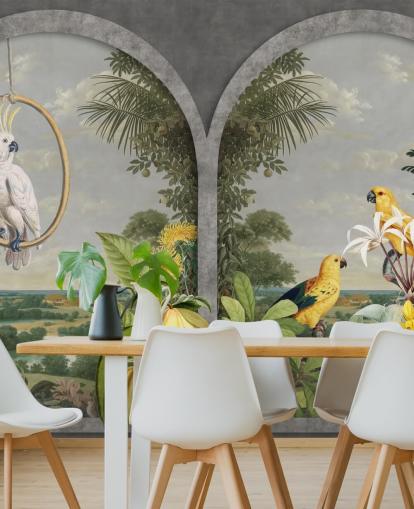 cockatoo and tropical yellow birds by window in tropical country wallpaper