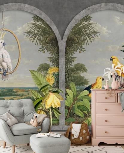 cockatoo and tropical yellow birds by window in tropical country wallpaper