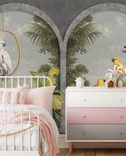 Kakadu und tropische gelbe Vögel am Fenster in tropischem Land Tapete