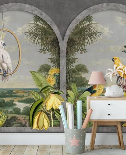 cockatoo and tropical yellow birds by window in tropical country wallpaper