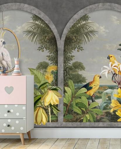 Kakadu und tropische gelbe Vögel am Fenster in tropischem Land Tapete