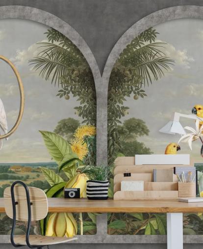 cacatoès et oiseaux jaunes tropicaux par la fenêtre dans le papier peint pays tropical