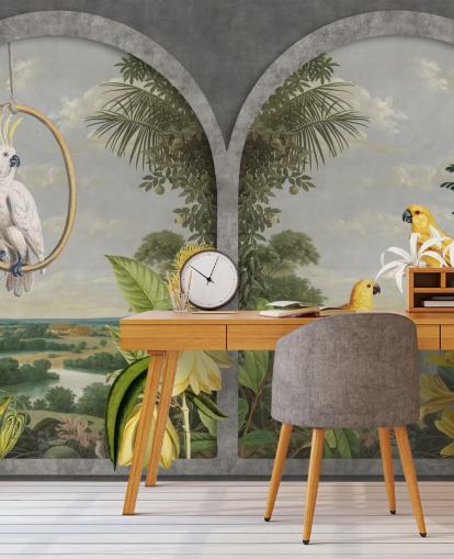cockatoo and tropical yellow birds by window in tropical country wallpaper