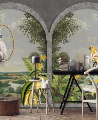 cacatua e uccelli gialli tropicali dalla finestra nella carta da parati del paese tropicale cacatua e uccelli gialli tropicali dalla finestra nella carta da parati del paese tropicale