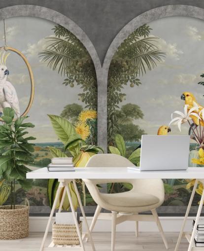cockatoo and tropical yellow birds by window in tropical country wallpaper