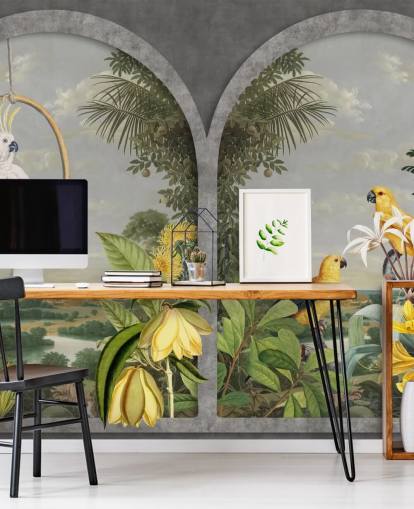 cockatoo and tropical yellow birds by window in tropical country wallpaper
