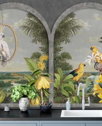 cockatoo and tropical yellow birds by window in tropical country wallpaper