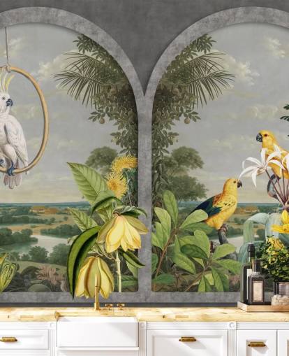 cockatoo and tropical yellow birds by window in tropical country wallpaper