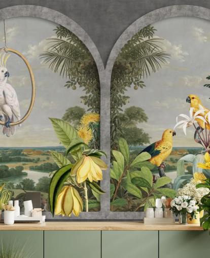 Kakadu und tropische gelbe Vögel am Fenster in tropischem Land Tapete