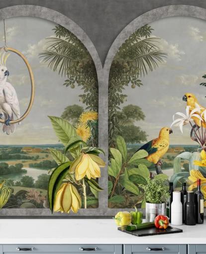 cacatúa y pájaros amarillos tropicales por ventana en papel tapiz tropical