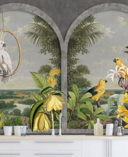 cockatoo and tropical yellow birds by window in tropical country wallpaper