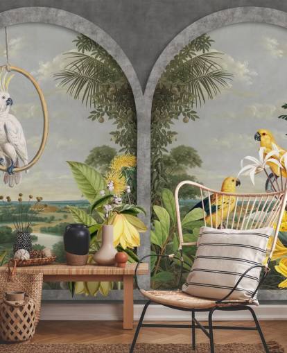 cacatua e uccelli gialli tropicali dalla finestra nella carta da parati del paese tropicale