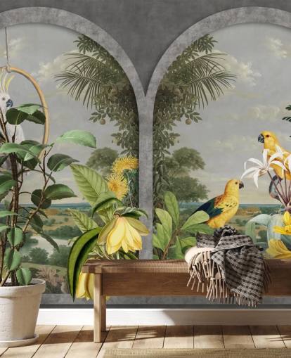 Kakadu und tropische gelbe Vögel am Fenster in tropischem Land Tapete