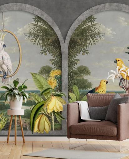 cockatoo and tropical yellow birds by window in tropical country wallpaper